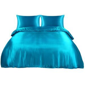 Satin Duvet Cover 3Pcs Bedding Set 1 Duvet Cover 2 Pillowcases Twin Peacock Blue